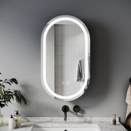 Black Oval Bathroom Mirror Cabinet With Led Lights Shaver Socket Demister Pad