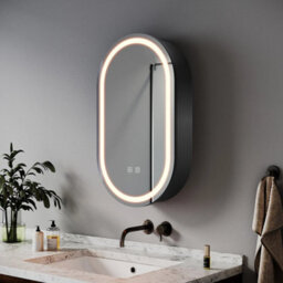 Black Oval Bathroom Mirror Cabinet With Led Lights Shaver Socket Demister Pad - thumbnail 2