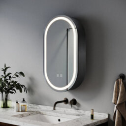 Black Oval Bathroom Mirror Cabinet With Led Lights Shaver Socket Demister Pad - thumbnail 4