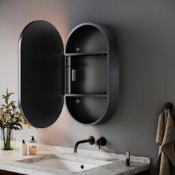 Black Oval Bathroom Mirror Cabinet With Led Lights Shaver Socket Demister Pad - thumbnail 6