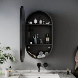 Black Oval Bathroom Mirror Cabinet With Led Lights Shaver Socket Demister Pad - thumbnail 5