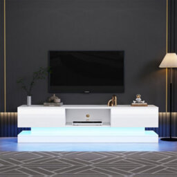 High Gloss Tv Stand With Rgb Led Lights, 2 Drawers And Open Storage, White - thumbnail 3