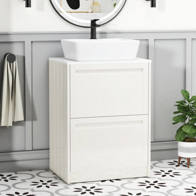 Royal Bathrooms Royal Bathroom Elmore 600mm Classic White Freestanding Bathroom Vanity Unit 2 Drawer Plain White Worktop With Cube Basin - image 1