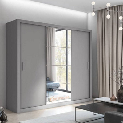 Arte Idea 01 Contemporary Mirrored Sliding 3 Door Wardrobe 6 Shelves 2 Rails Grey (H)2150mm (W)2500mm (D)600mm - image 1
