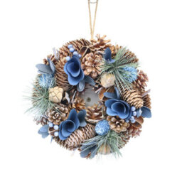 Urbn-Living Urbnliving 25Cm Blue & Brown Christmas Wreath Festive Decoration With Jute Hanger Traditional Pinecone Décor