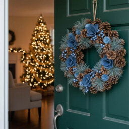 Urbn-Living Urbnliving 25Cm Blue & Brown Christmas Wreath Festive Decoration With Jute Hanger Traditional Pinecone Décor - thumbnail 3