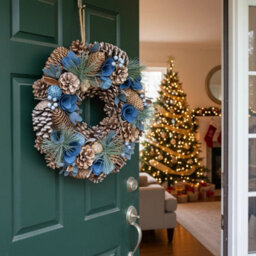 Urbn-Living Urbnliving 25Cm Blue & Brown Christmas Wreath Festive Decoration With Jute Hanger Traditional Pinecone Décor - thumbnail 5