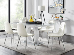 Furniturebox Giovani Rectangular 6 Seat White High Gloss Unique Halo Dining Table Grey Glass Top 6 White Faux Leather Silver Leg Corona Chairs