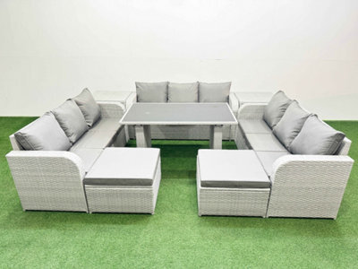 Fimous Patio Garden Furniture Sets With Black Glass Top Dining Table 3 Seater Sofa 2 Side Tables 2 Big Stool Light Grey - image 1