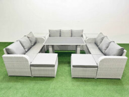 Fimous Patio Garden Furniture Sets With Black Glass Top Dining Table 3 Seater Sofa 2 Side Tables 2 Big Stool Light Grey - thumbnail 1