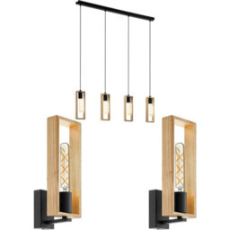 Modern Black And Wood Quad Ceiling Light With Matching Wall Sconces For Dining Rooms - thumbnail 1