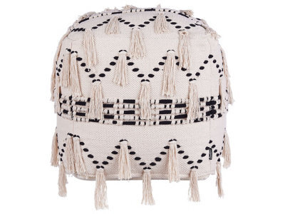 Beliani Square Pouffe 45 X 45 X 45 Cm - Beige With Black Cotton Knit Tassels - image 1