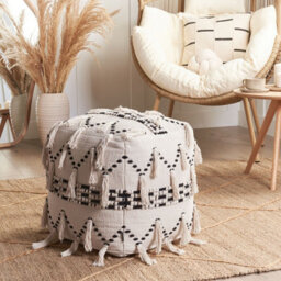 Beliani Square Pouffe 45 X 45 X 45 Cm - Beige With Black Cotton Knit Tassels - thumbnail 2