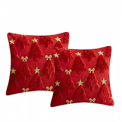 2Pcs Christmas Tree Pillow Covers 18X18 Inch Red Polyester Star