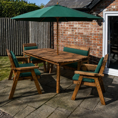 Samuel Alexander Hand Made 6 Seater Rustic Wooden Garden Furniture Set. Table, Bench, Chairs, Parasol & Green Cushions - image 1