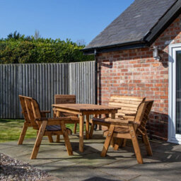 Samuel Alexander Hand Made 6 Seater Rustic Wooden Garden Furniture Set. Table, Bench, Chairs, Parasol & Green Cushions - thumbnail 2