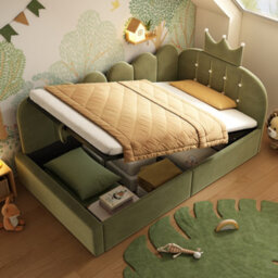 Btm 3Ft Daybed With Hydraulic Storage, Crown Design, Velvet Sofa Bed, 90X190Cm, Green (No Mattress)