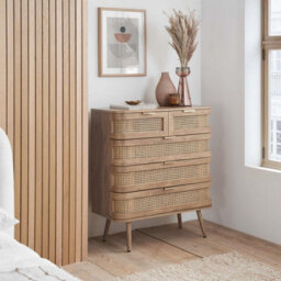 Rattan Chest Of 5 Drawers Birlea Sark Brown Oak Mid Century Modern