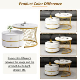 Btm White & Black Round Nesting Coffee Table Set With Marble Top & Storage Drawers, High Gloss End Tables For Living Room - thumbnail 8