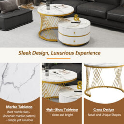 Btm White & Black Round Nesting Coffee Table Set With Marble Top & Storage Drawers, High Gloss End Tables For Living Room - thumbnail 7