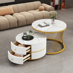 Btm White & Black Round Nesting Coffee Table Set With Marble Top & Storage Drawers, High Gloss End Tables For Living Room - thumbnail 5