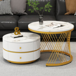 Btm White & Black Round Nesting Coffee Table Set With Marble Top & Storage Drawers, High Gloss End Tables For Living Room - thumbnail 1