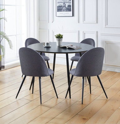 Hallowood Furniture Cullompton Large Round Black Dining Table 120Cm With 4 Curved-Back Grey Fabric Chairs - image 1