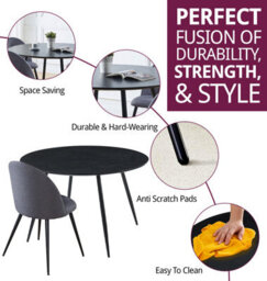 Hallowood Furniture Cullompton Large Round Black Dining Table 120Cm With 4 Curved-Back Grey Fabric Chairs - thumbnail 2