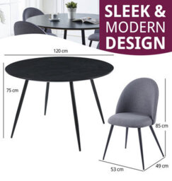 Hallowood Furniture Cullompton Large Round Black Dining Table 120Cm With 4 Curved-Back Grey Fabric Chairs - thumbnail 3