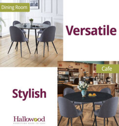 Hallowood Furniture Cullompton Large Round Black Dining Table 120Cm With 4 Curved-Back Grey Fabric Chairs - thumbnail 6