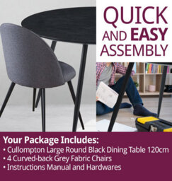 Hallowood Furniture Cullompton Large Round Black Dining Table 120Cm With 4 Curved-Back Grey Fabric Chairs - thumbnail 7