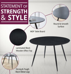 Hallowood Furniture Cullompton Large Round Black Dining Table 120Cm With 4 Curved-Back Grey Fabric Chairs - thumbnail 4