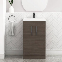 Royal Bathrooms Turin Grey Elm 500mm Floor Standing Vanity Unit 2 Door With Mid-Edge Basin Sink & Matt Black Handles - thumbnail 1