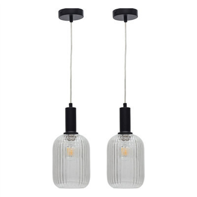 First Choice Lighting Set Of 2 Batley - Clear Ribbed Glass Black Deco Pendant Fittings - image 1