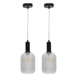 First Choice Lighting Set Of 2 Batley - Clear Ribbed Glass Black Deco Pendant Fittings - thumbnail 1