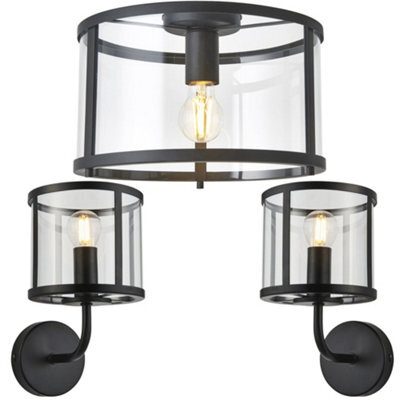 Loops Flush Ceiling Light & 2X Matching Wall Lights - Matt Black Clear Glass Shade - image 1