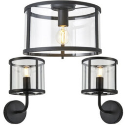Loops Flush Ceiling Light & 2X Matching Wall Lights - Matt Black Clear Glass Shade - thumbnail 1