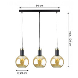 Luminosa Lighting Luminosa Auralis Bar Pendant Ceiling Light Black, Gold Amber Glass Shade 3X E27 - thumbnail 7