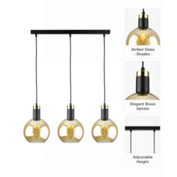Luminosa Lighting Luminosa Auralis Bar Pendant Ceiling Light Black, Gold Amber Glass Shade 3X E27 - thumbnail 5