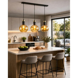 Luminosa Lighting Luminosa Auralis Bar Pendant Ceiling Light Black, Gold Amber Glass Shade 3X E27 - thumbnail 2
