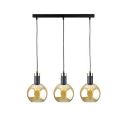 Luminosa Lighting Luminosa Auralis Bar Pendant Ceiling Light Black, Gold Amber Glass Shade 3X E27 - thumbnail 1