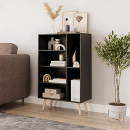 Urbn-Living Urbnliving Height 84Cm 6 Section Wooden Black Bookcase With Pine Legs - thumbnail 2