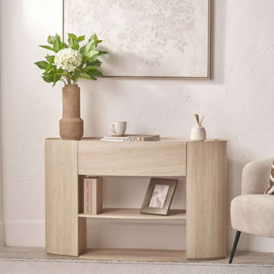 Pacific Lifestyle Travertine Effect Curved Console Table With 1 Drawer And 2 Open Shelves 120Cm, Tivoli - image 1
