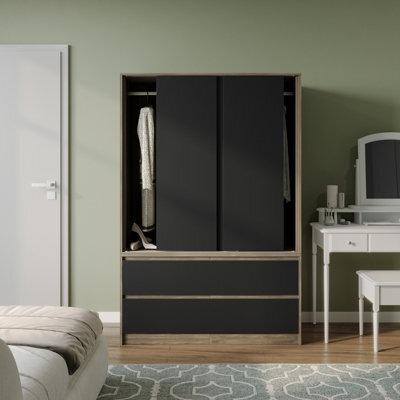 Urbn-Living Urbnliving 180Cm Height Oak Carcass 3 Sliding Black Door With 4 Black Drawer Wardrobe Clothes Storage Hanging Rail Bedroom - image 1