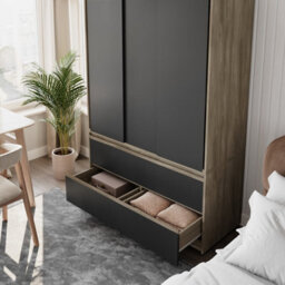 Urbn-Living Urbnliving 180Cm Height Oak Carcass 3 Sliding Black Door With 4 Black Drawer Wardrobe Clothes Storage Hanging Rail Bedroom - thumbnail 5