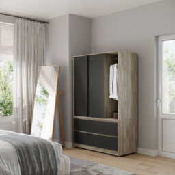 Urbn-Living Urbnliving 180Cm Height Oak Carcass 3 Sliding Black Door With 4 Black Drawer Wardrobe Clothes Storage Hanging Rail Bedroom - thumbnail 4