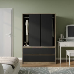 Urbn-Living Urbnliving 180Cm Height Oak Carcass 3 Sliding Black Door With 4 Black Drawer Wardrobe Clothes Storage Hanging Rail Bedroom - thumbnail 1