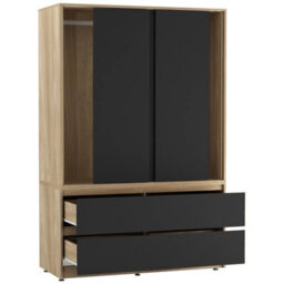 Urbn-Living Urbnliving 180Cm Height Oak Carcass 3 Sliding Black Door With 4 Black Drawer Wardrobe Clothes Storage Hanging Rail Bedroom - thumbnail 6