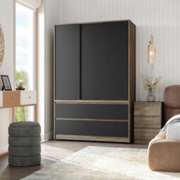 Urbn-Living Urbnliving 180Cm Height Oak Carcass 3 Sliding Black Door With 4 Black Drawer Wardrobe Clothes Storage Hanging Rail Bedroom - thumbnail 2