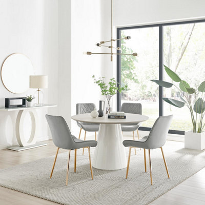 Furniturebox Uk Palma Beige Stone Effect Round Dining Table & 4 Grey Pesaro Gold Leg Chairs - image 1